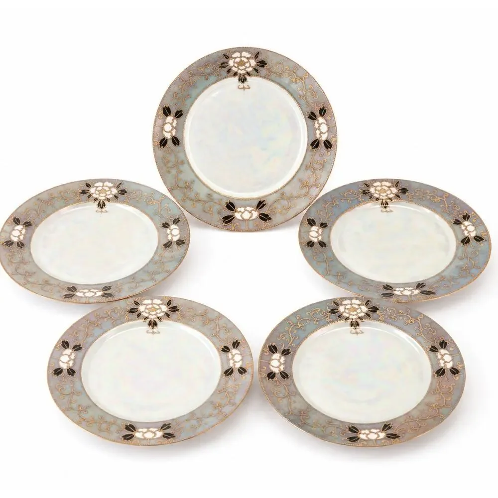Vintage Japan Lusterware Dessert Plates Set 5 Gold Floral Iridescent 7.25